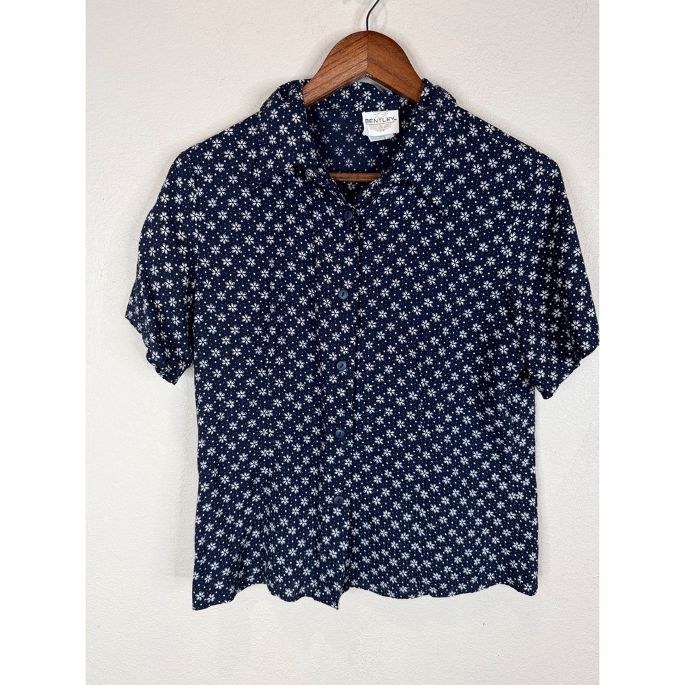 Bentley Vintage Navy Blue Floral Starburst Rayon Button Up Shirt Womens Medium